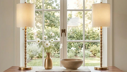 Pair of brass-look buffet lamps styled on a warm wood dining room sideboard