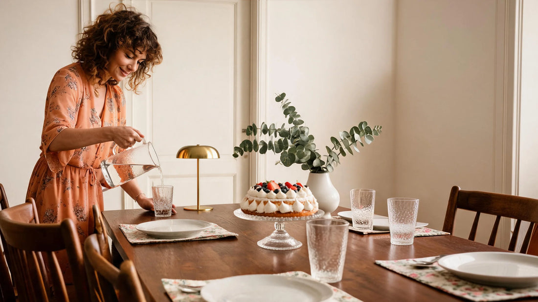 Rechargeable table lamp creating warm ambient light on a dining table