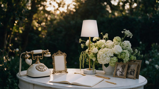 Wedding table lamp adding warm ambient light to a reception welcome table