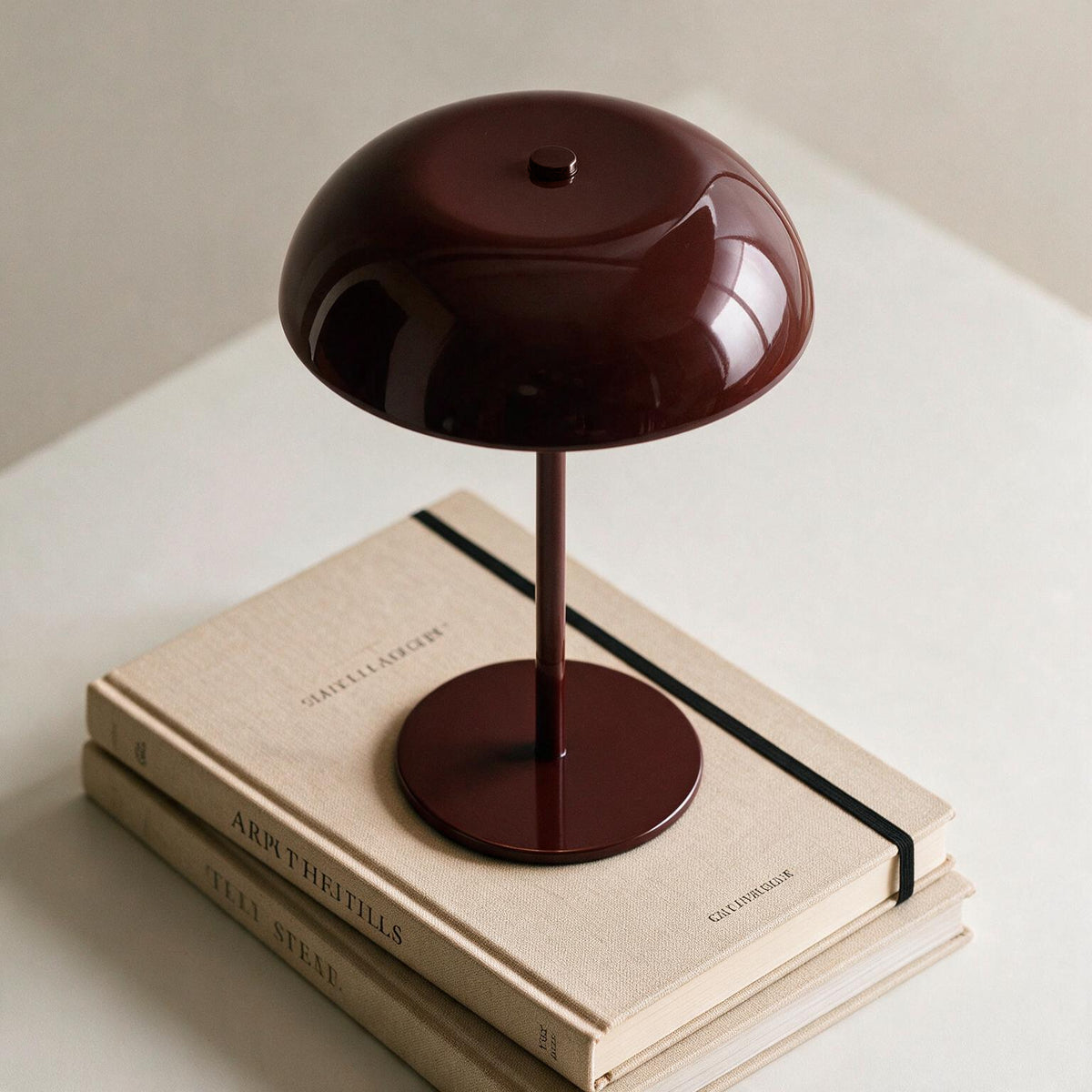 Glossy oxblood cordless mushroom table lamp styled on stacked cream books