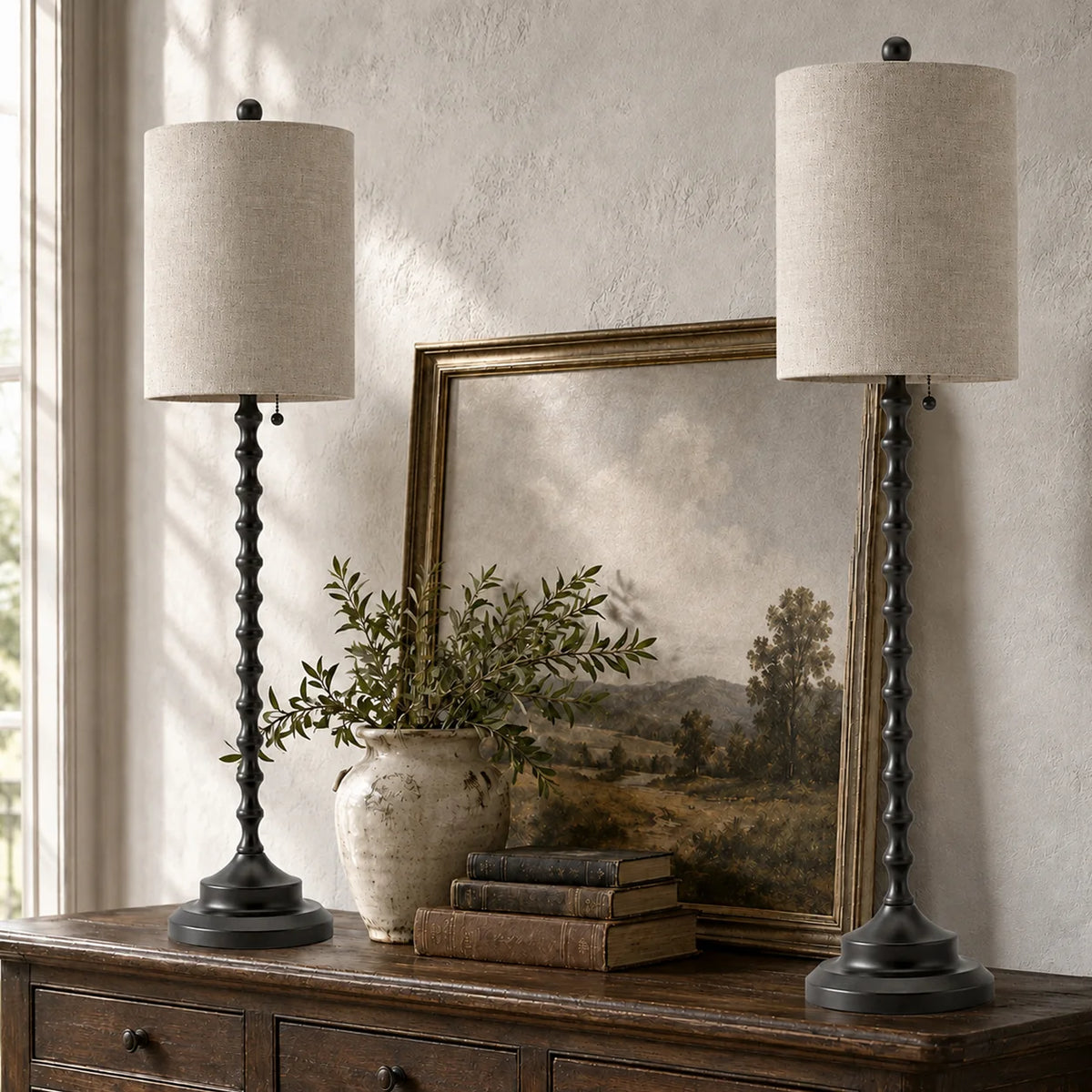 Lampworks set of two 30.5-inch matte black candlestick buffet lamps with textured linen shades