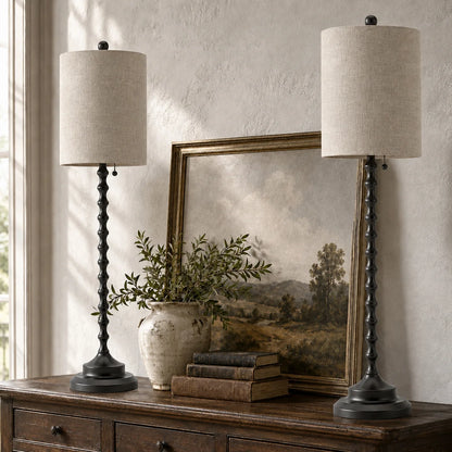 Lampworks set of two 30.5-inch matte black candlestick buffet lamps with textured linen shades