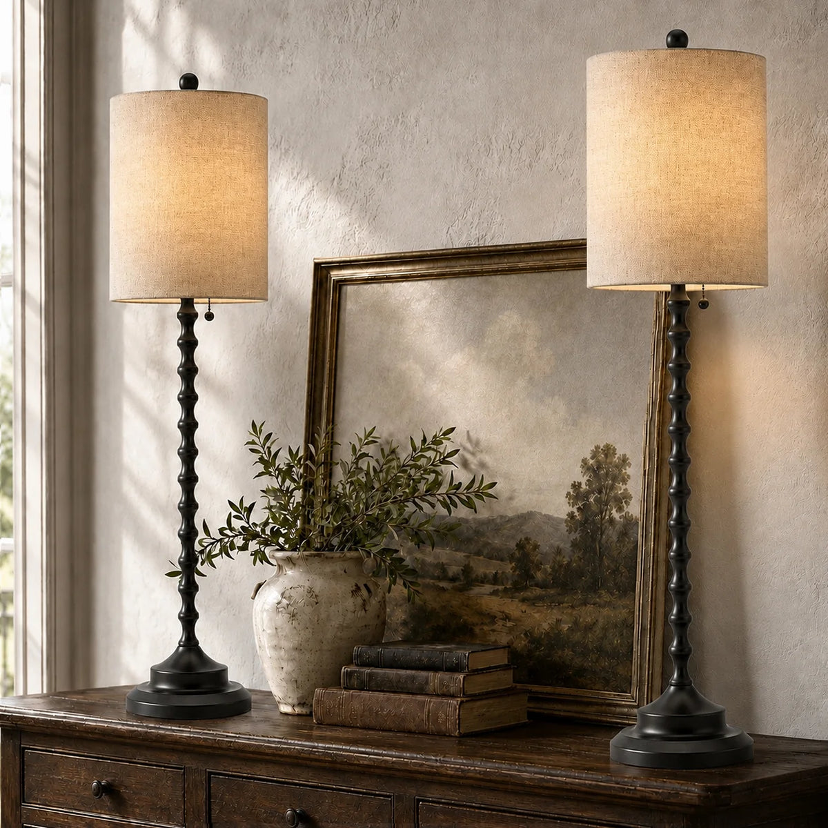 Lampworks matte black candlestick buffet lamps set of two lit with a warm glow