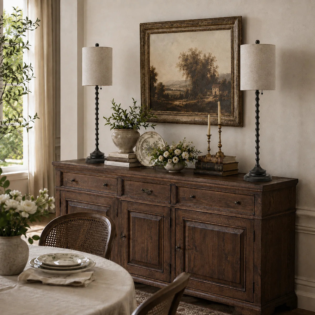 Two Lampworks black candlestick buffet lamps styling a rustic dining room sideboard