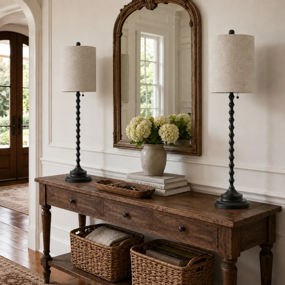 Lampworks black buffet lamps set of two on an entryway console table with mirror