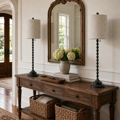 Lampworks black buffet lamps set of two on an entryway console table with mirror