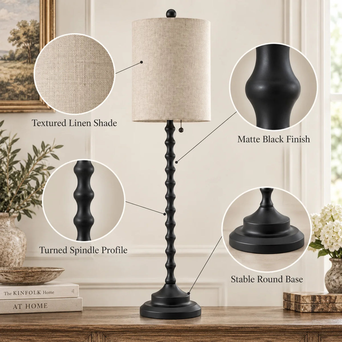 Lampworks buffet lamp details showing textured linen shade, matte black finish, turned profile and stable round base