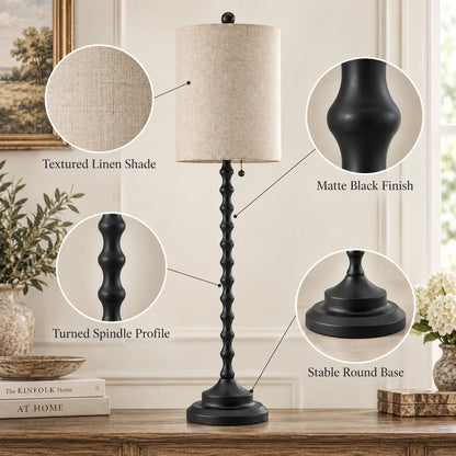 Lampworks buffet lamp details showing textured linen shade, matte black finish, turned profile and stable round base