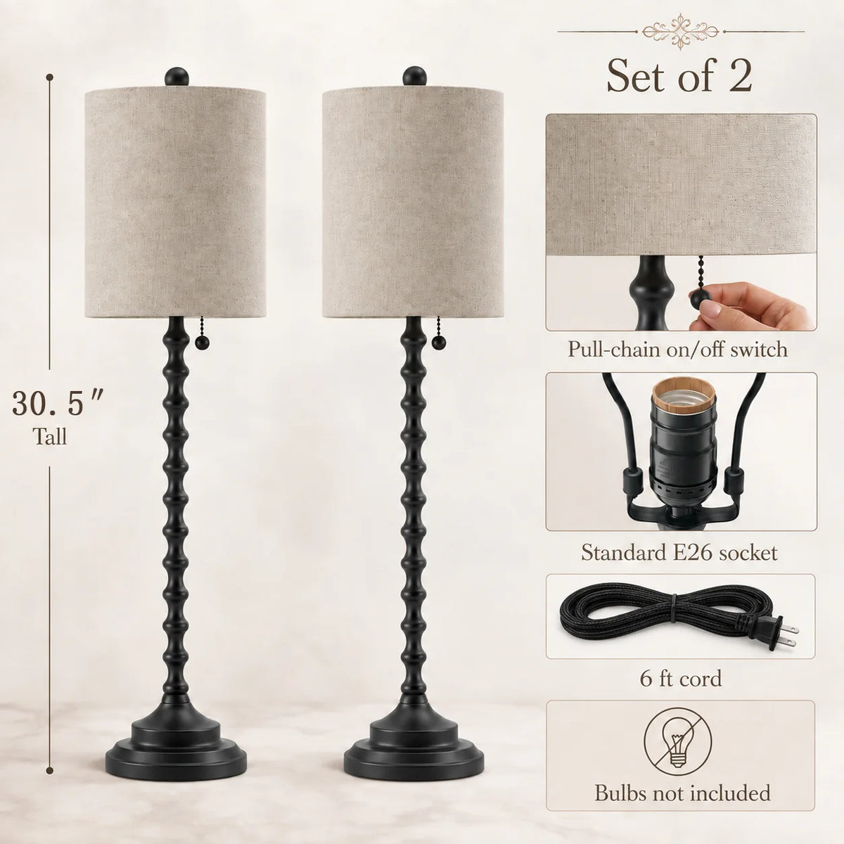 Set of two Lampworks black buffet lamps with pull-chain switches, E26 sockets and 6-foot cords