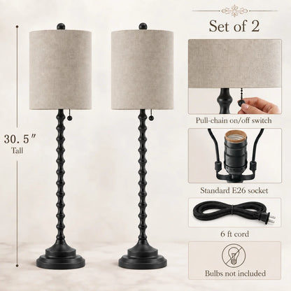 Set of two Lampworks black buffet lamps with pull-chain switches, E26 sockets and 6-foot cords