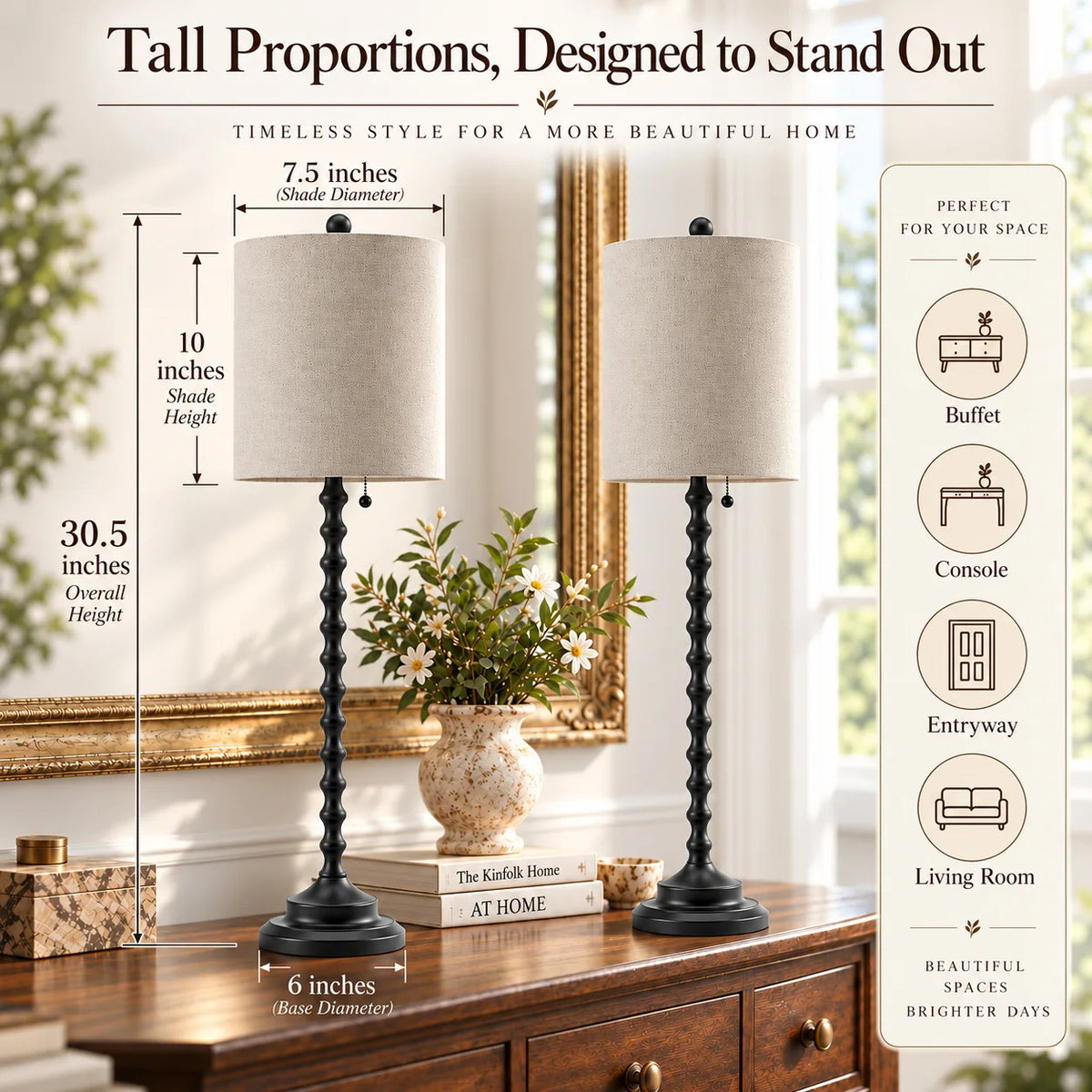 Lampworks black buffet lamp dimensions: 30.5 inches tall with 7.5-inch shade and 6-inch base
