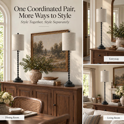 Lampworks black buffet lamps styled together and separately in dining room, entryway and living room spaces