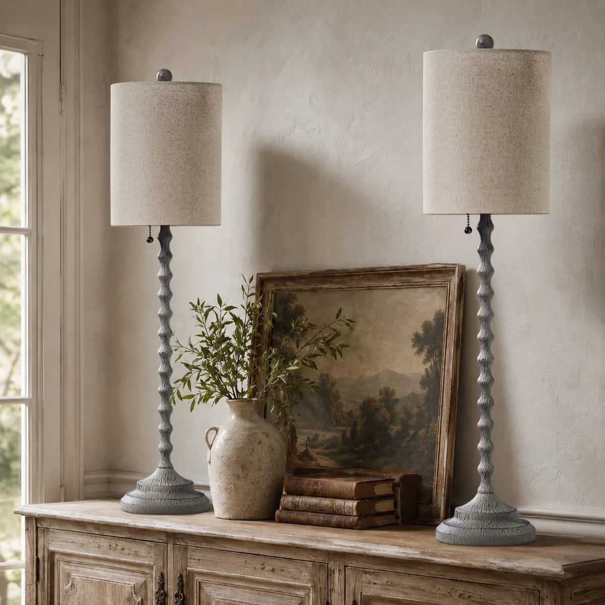Lampworks set of two 30-inch weathered gray farmhouse buffet lamps with textured linen shades