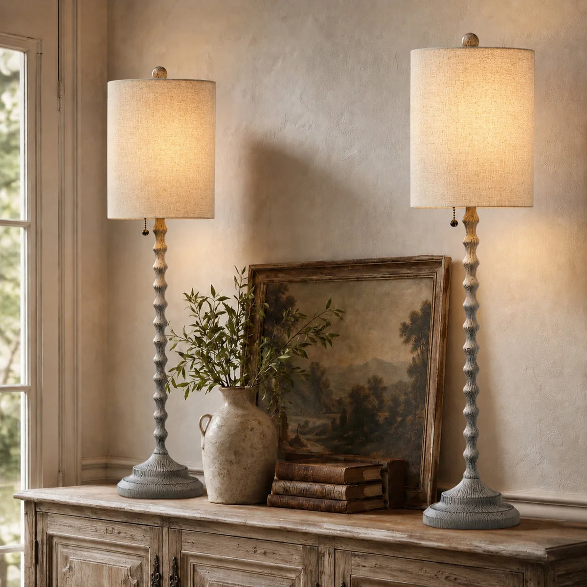 Lampworks weathered gray farmhouse buffet lamps set of two lit with a warm glow