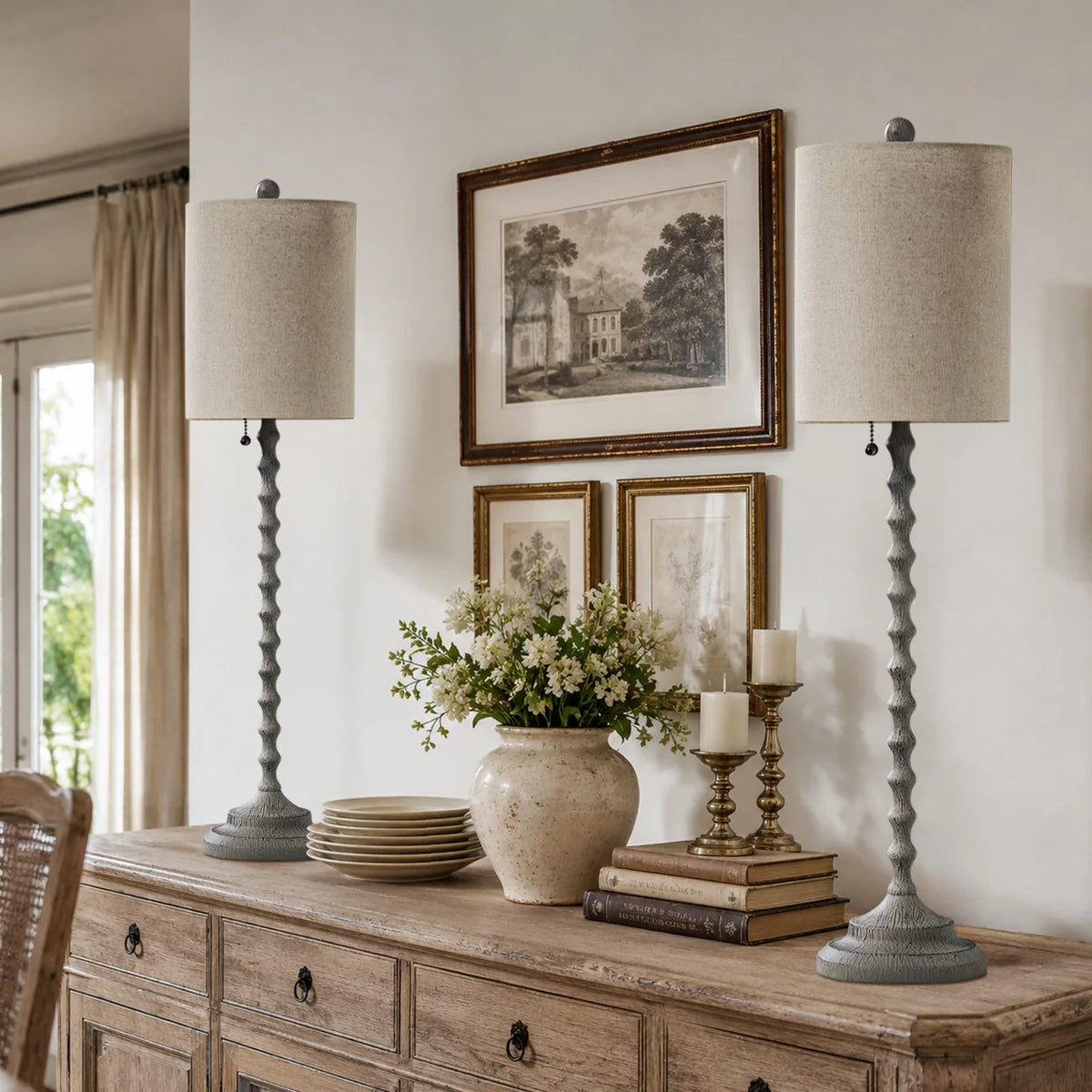 Two Lampworks weathered gray buffet lamps styling a rustic dining room sideboard