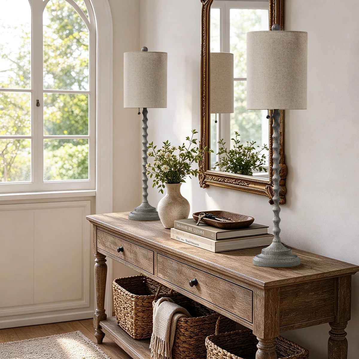 Lampworks farmhouse buffet lamps set of two on an entryway console table with mirror