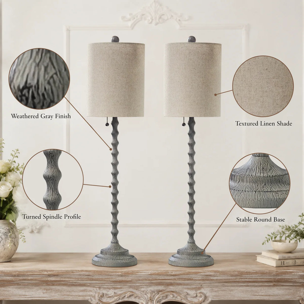Lampworks buffet lamp details showing weathered gray finish, textured linen shade, spindle profile and round base