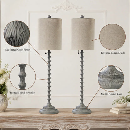 Lampworks buffet lamp details showing weathered gray finish, textured linen shade, spindle profile and round base