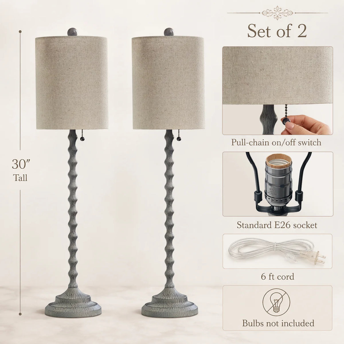 Set of two Lampworks farmhouse buffet lamps with pull-chain switches, E26 sockets and 6-foot cords