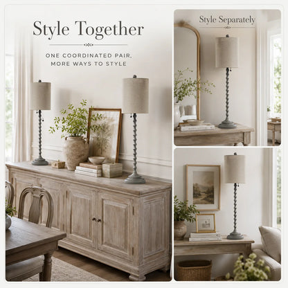 Lampworks weathered gray buffet lamps styled together and separately on rustic console tables