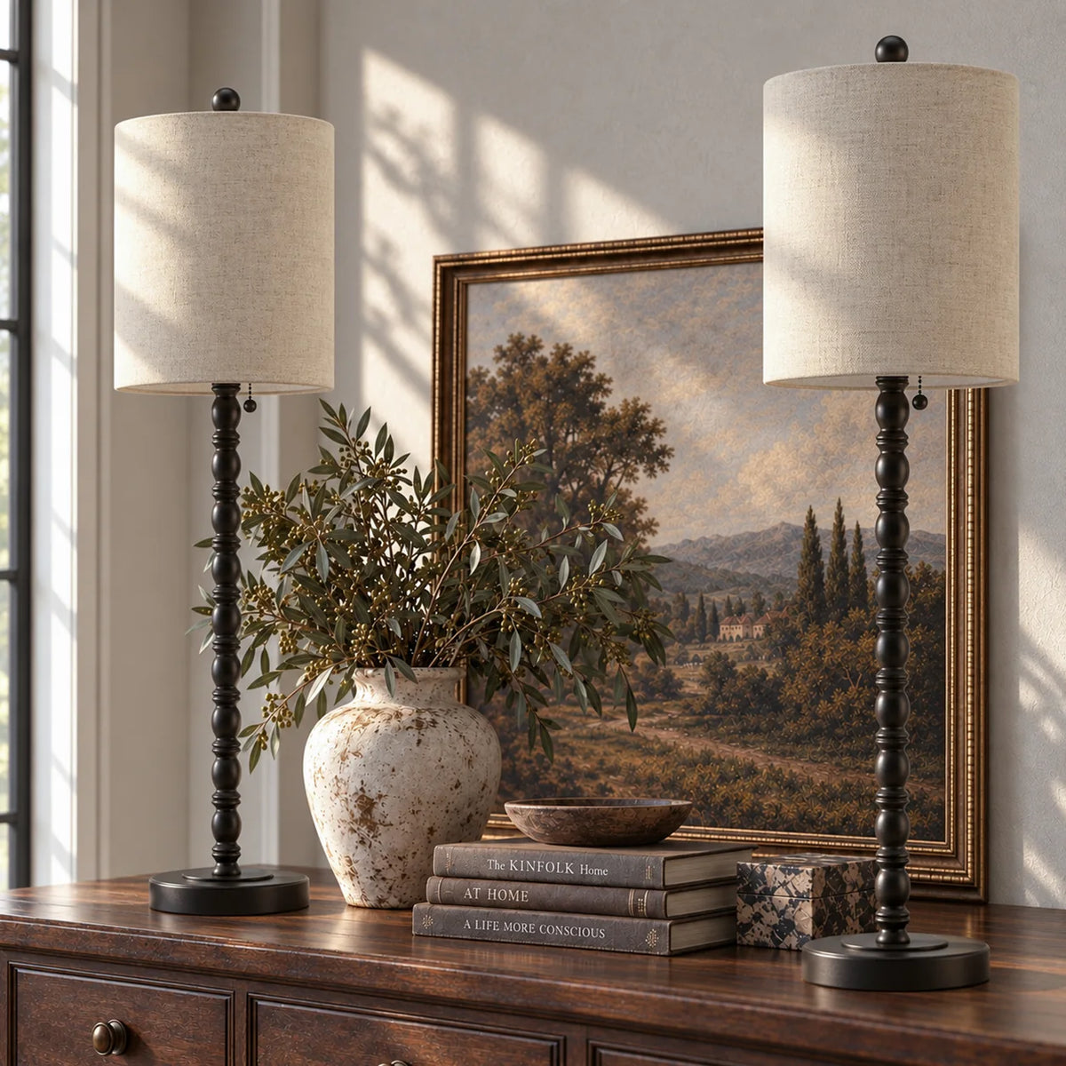 Lampworks set of two 30.5-inch matte black spindle buffet lamps with textured linen shades on a wood sideboard