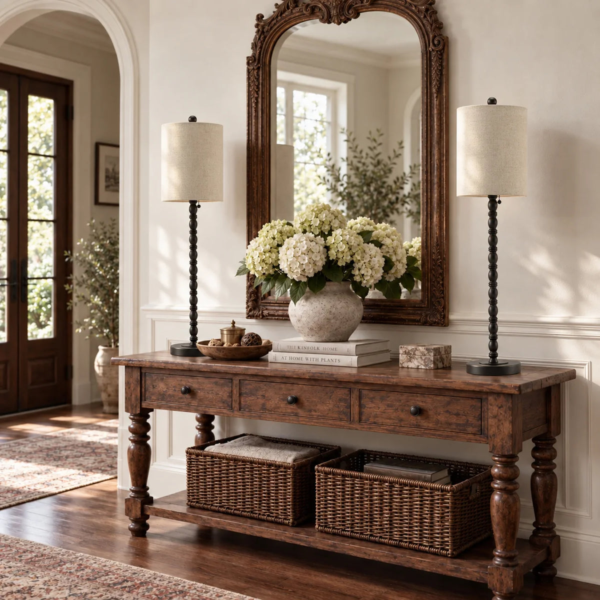 Lampworks buffet lamps set of two on an entryway console table with mirror and flowers
