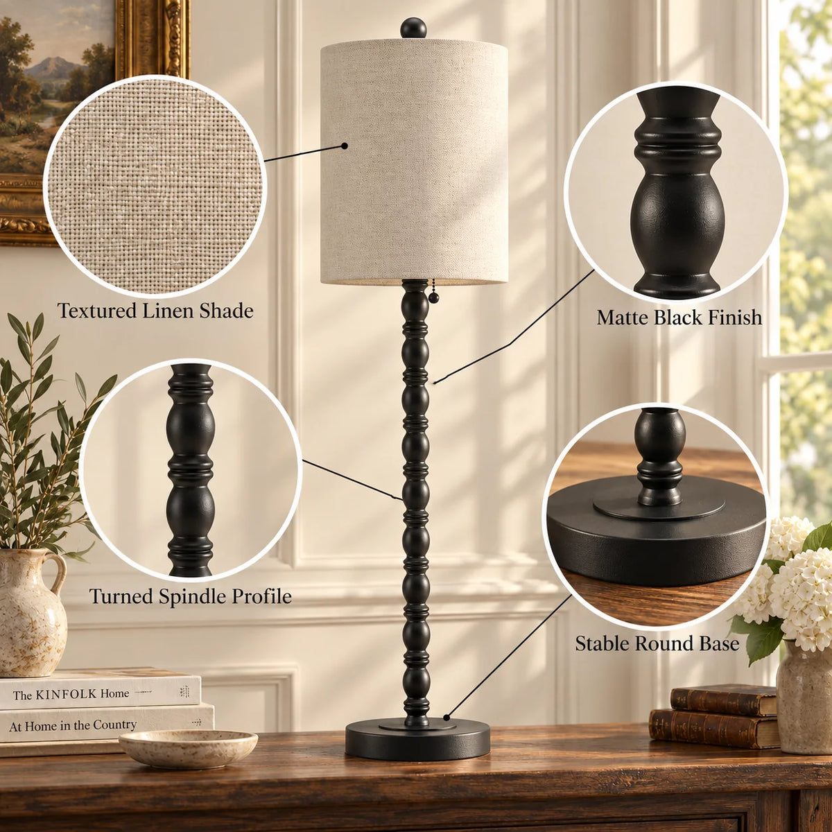 Lampworks buffet lamp details showing textured linen shade, matte black finish, spindle profile and round base