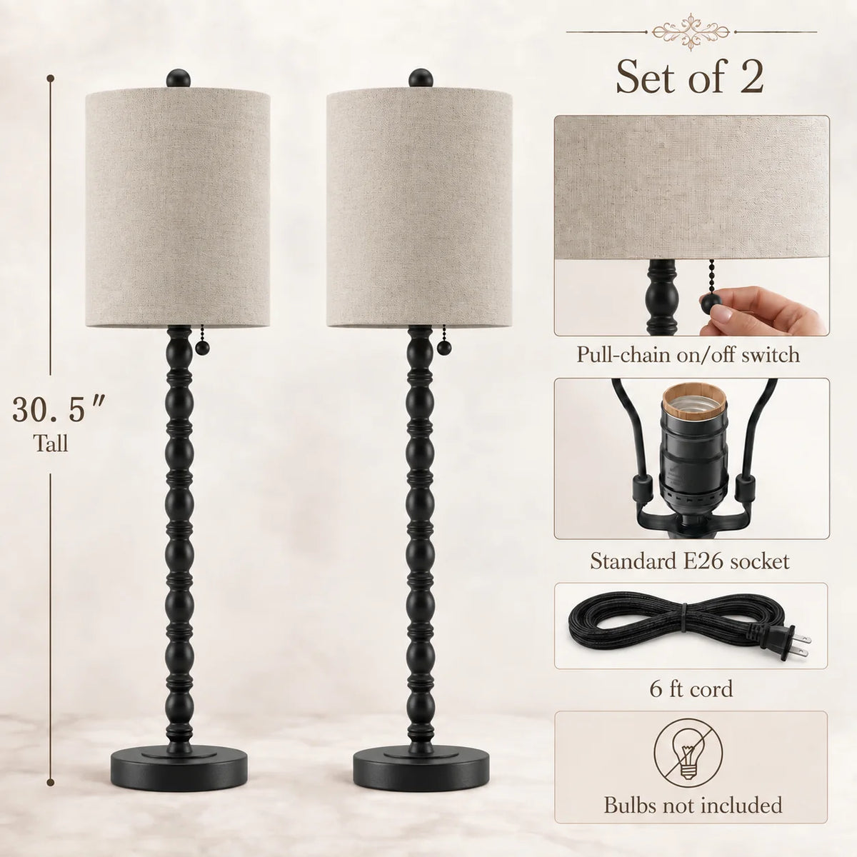 Set of two Lampworks buffet lamps with pull-chain switches, E26 sockets and 6-foot cords