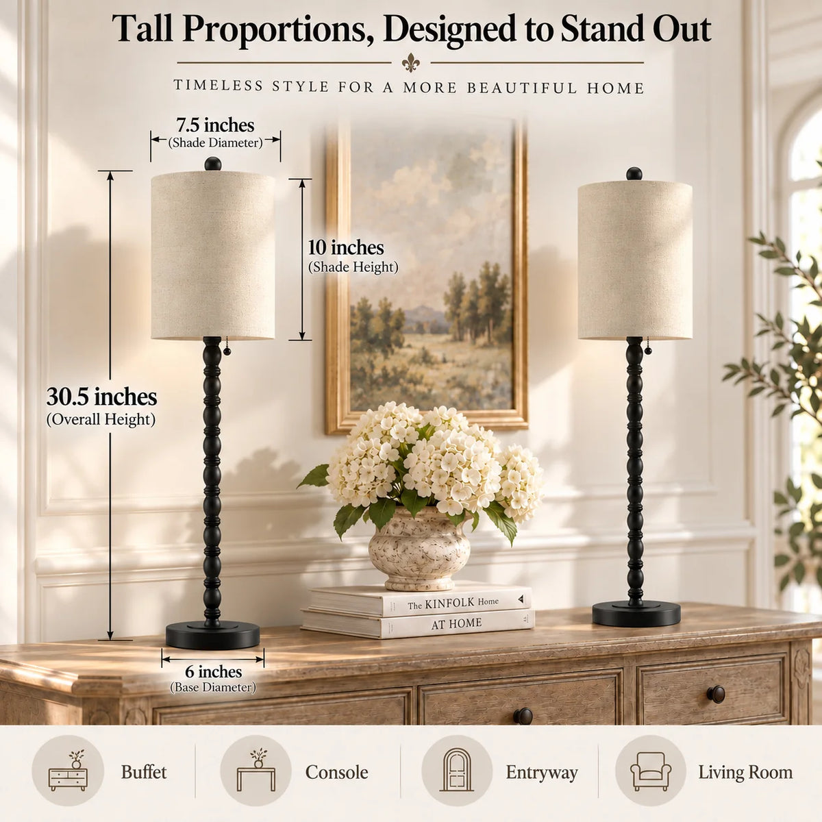Lampworks buffet lamp dimensions: 30.5 inches tall with 7.5-inch shade and 6-inch base