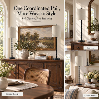 Lampworks buffet lamps styled together and separately in dining room, entryway and living room spaces