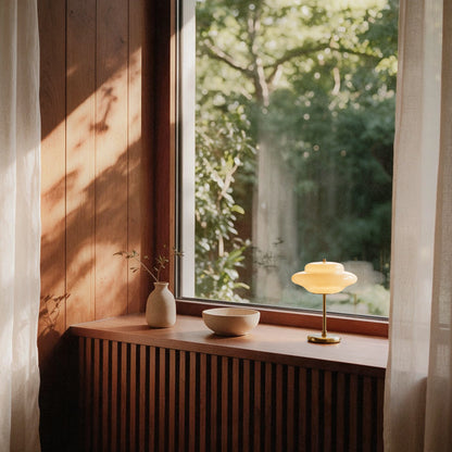 Lampworks glass table lamp on a sunlit wooden windowsill beside a ceramic vase and bowl, with greenery outside