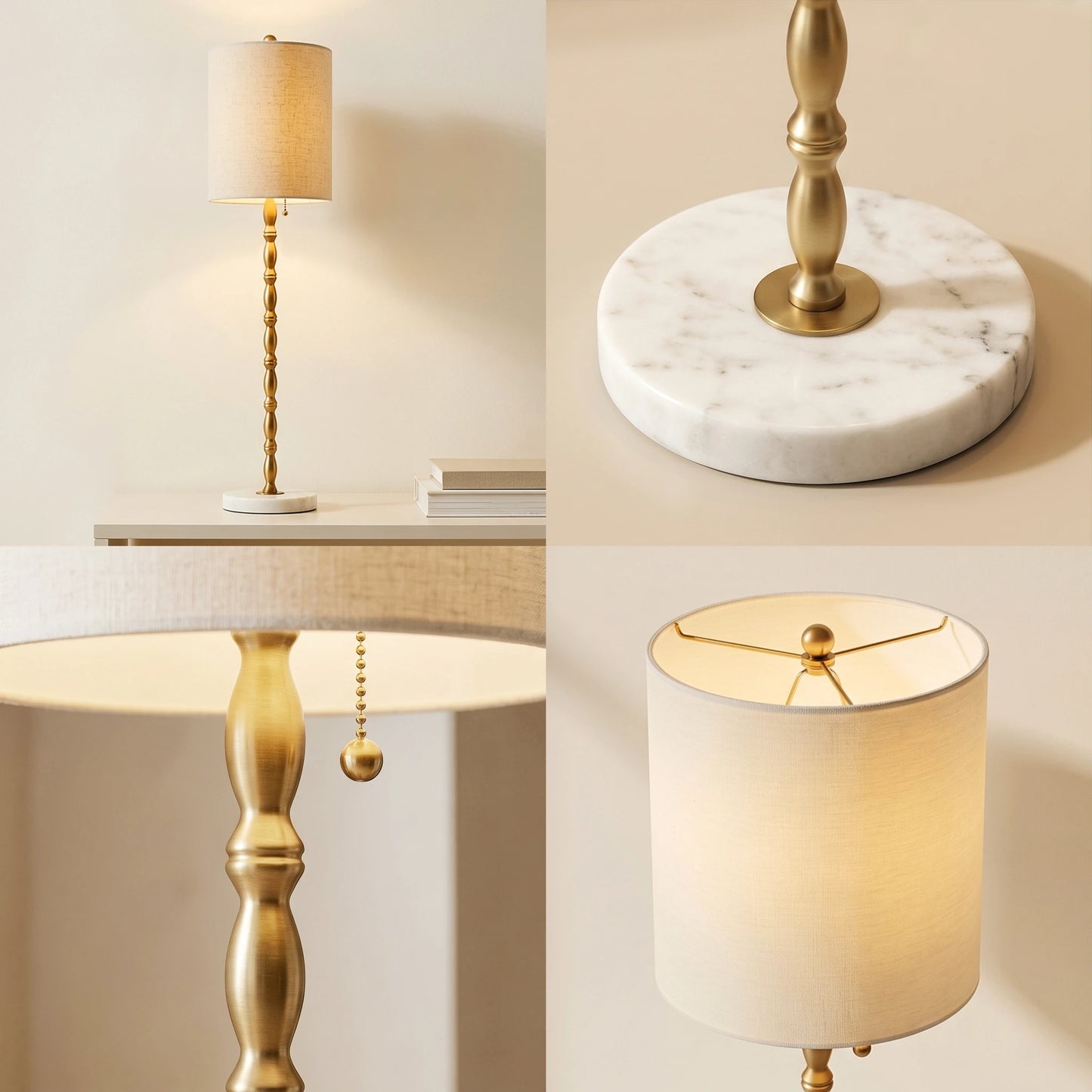 Four-detail collage of the Noor buffet lamp showing the full lamp, marble base, pull chain and linen shade.