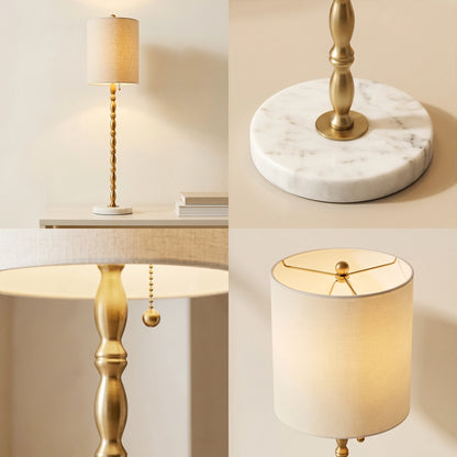 Four-detail collage of the Noor buffet lamp showing the full lamp, marble base, pull chain and linen shade.